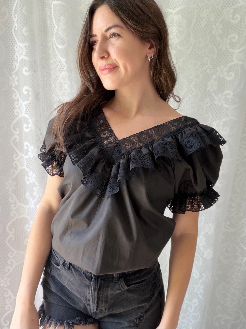 Vintage Square Up Black Lace Ruffle Blouse Puff Sleeve Square Dance Top